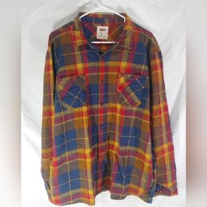 Great Cond. Levi's Flannel Mustard Navy & Red Cottagecore 100% Cotton Men's 2X
